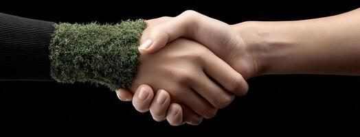 Two people shaking hands with a green plant on their hands photo