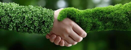 Two people shaking hands with green grass photo