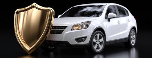 A white car with a gold shield on it photo