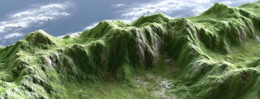 A 3d rendering of a mountain with green grass photo