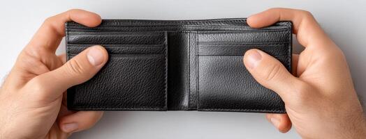 A person holding an empty black leather wallet photo