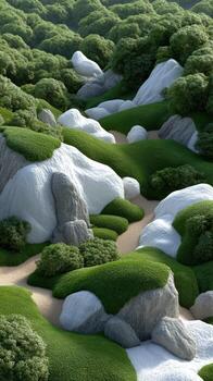 A 3d rendering of a green and white landscape photo