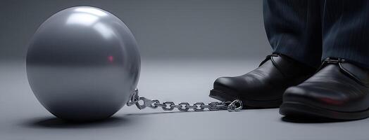 A person in a suit is chained to a ball photo