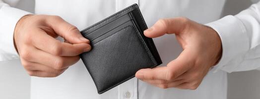 A man holding a black wallet in his hands photo