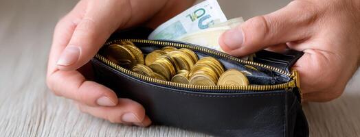 A person holding a wallet with money in it photo