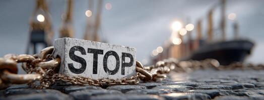 Stop sign on chain with cargo ship in background photo