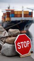 A stop sign is sitting on top of a rock near a ship photo
