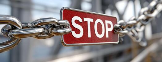 A stop sign is attached to a chain photo