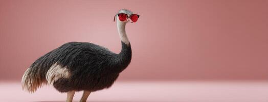 An ostrich wearing sunglasses on a pink background photo