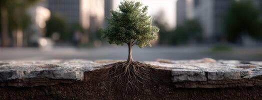 Tree growing out of a crack in the ground photo