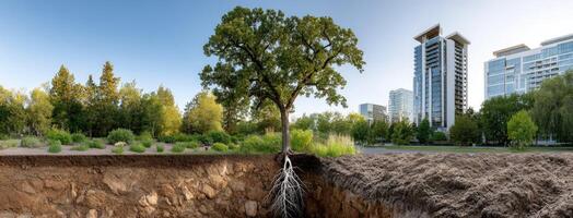 A tree growing out of the ground in front of a city photo