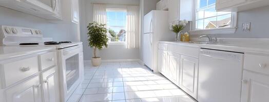 A kitchen with white cabinets and a white stove photo