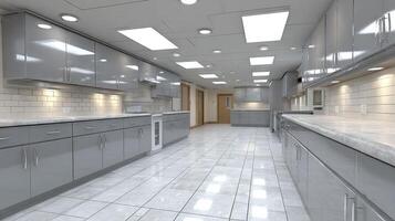A long hallway with gray cabinets and tile floors photo