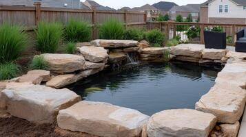A backyard pond with rocks and water features photo