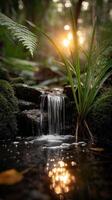 Waterfall in the forest at sunset photo