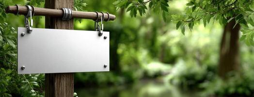 Blank sign hanging on a wooden post in the middle of a forest photo