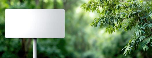 Blank sign in front of green trees photo