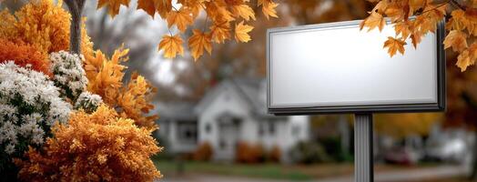 Autumn landscape with blank billboard and autumn leaves photo