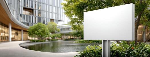 Blank billboard in front of a building with trees and plants photo