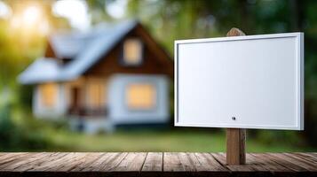 A blank sign on a wooden table in front of a house photo