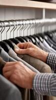 A man is holding a suit on a rack photo