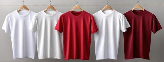Five white, red and black t - shirts hanging on a clothes line photo