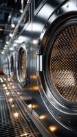 A row of washing machines in a laundry room photo