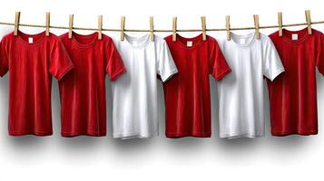 Five red and white t - shirts hanging on a clothesline photo