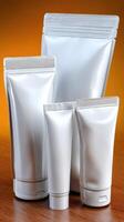 White plastic packaging on a wooden surface photo