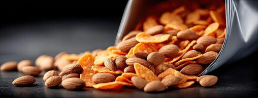 A bag of almonds is spilling out of it photo
