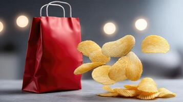 A red shopping bag with potato chips falling out photo