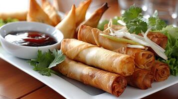 A plate of spring rolls with dipping sauce photo