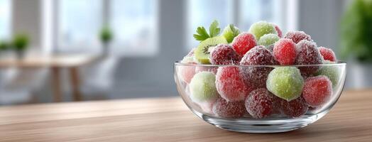 A bowl of fruit in front of a window photo