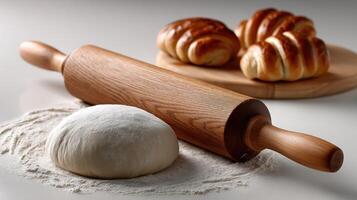 A rolling pin and dough on a table photo