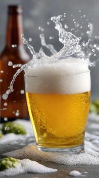 Beer with foam and hops on a table photo