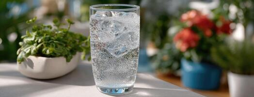 A glass of water with ice sitting on a table photo