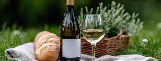 A bottle of wine and bread on a picnic blanket photo