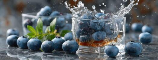 Blueberries in glass with water splashing photo