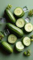 Cucumber slices and ice cubes on a green surface photo