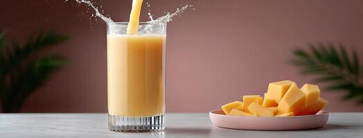 Orange juice with splash on table photo