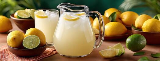 A pitcher of lemonade and a bowl of lemons photo