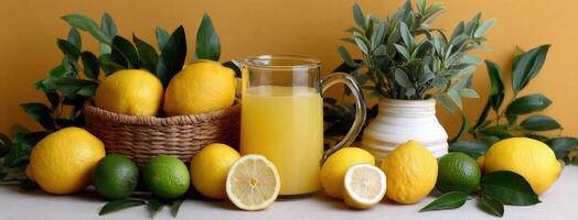 Lemon juice in a jug and a basket of lemons photo