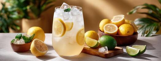 A glass of lemonade with lemons and mint leaves photo