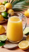 A pitcher of juice with lemons and limes photo