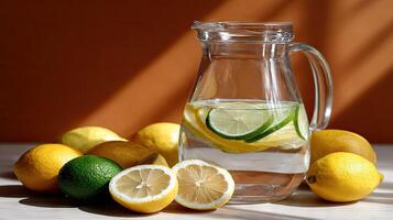 A pitcher of water with lemons and limes photo