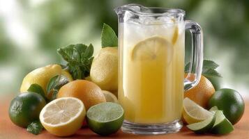 A pitcher of lemonade with lemons and limes photo