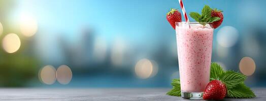 A strawberry milkshake with a straw and mint leaves photo