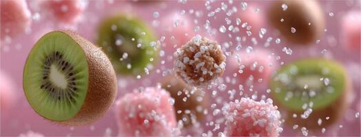 A kiwi and a slice of sugar on a pink background photo