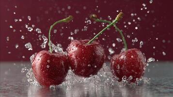 Three cherries are splashing in water photo