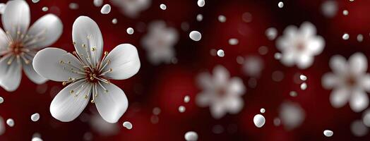 A white flower with red petals on a red background photo